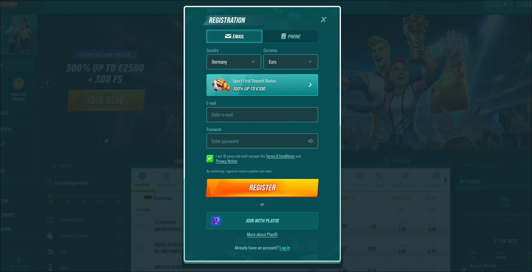 Golisimo casino registration form with country, currency, email and bonus selection fields